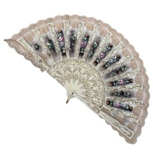 Victorian Hand Painted Floral & Lace Hand Held Folding Celluloid Fan
